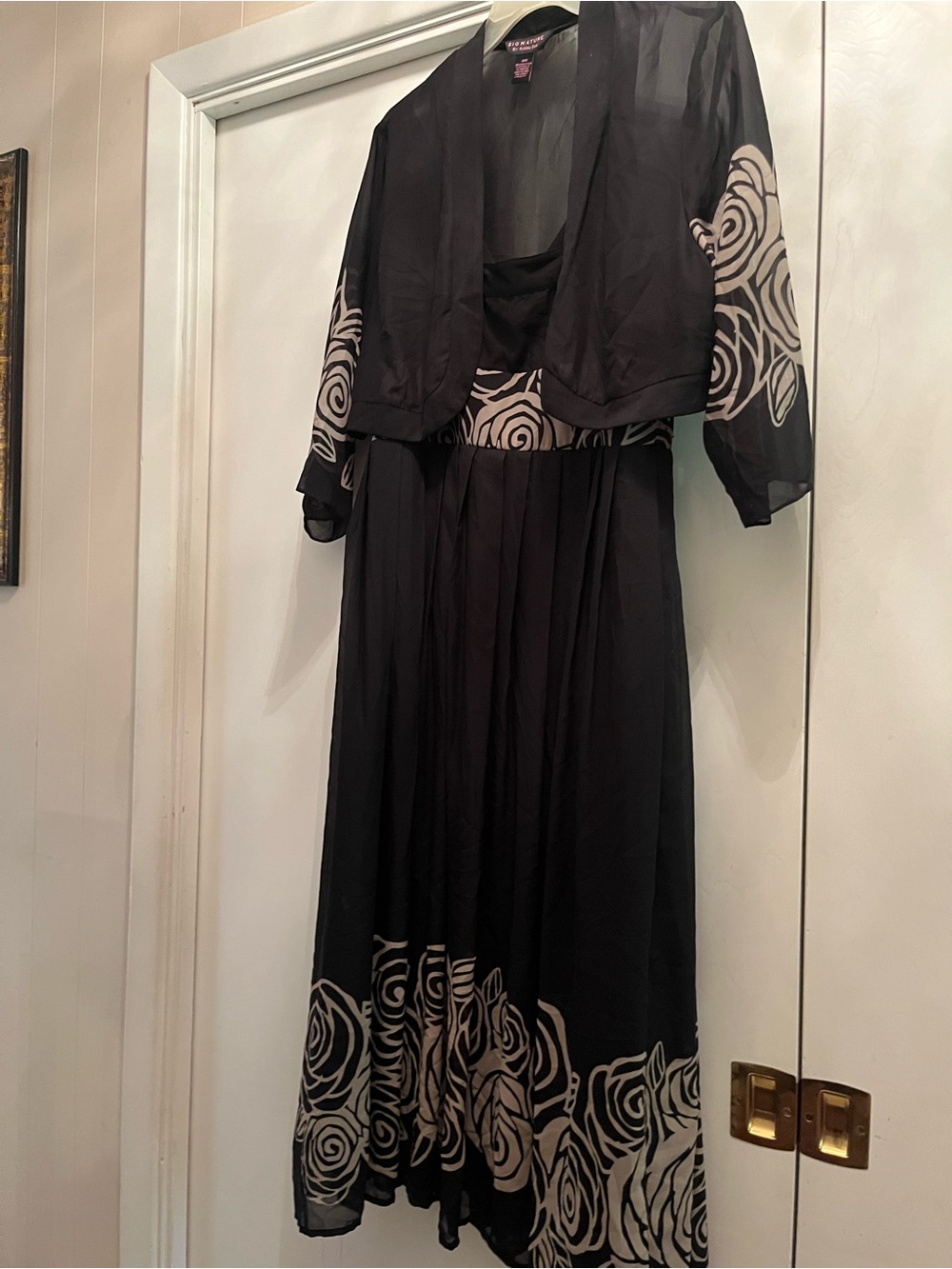Signature by Robbie Bee Black Maxi Dress with Cream Rose Trim and Sheer Jacket